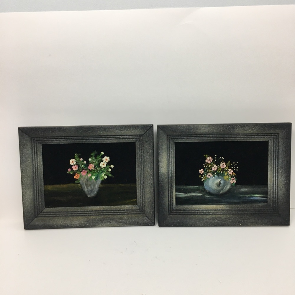 VTG Floral Acrylic Velvet Paintings Set of 2 Black Frame Original Cottagecore - Picture 4 of 16